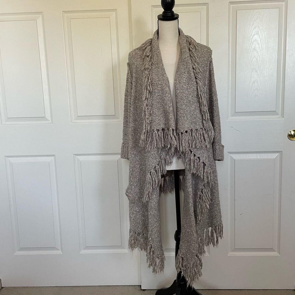 Kenzie Tan Fringe Trimmed Bohemian Hi Low Sweater Open Front Cardigan, Medium